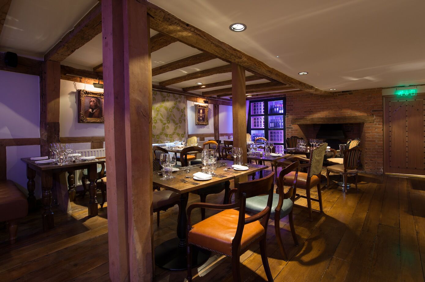 Henry Tudor House Shrewsbury — feature ceiling and exposed structural elements