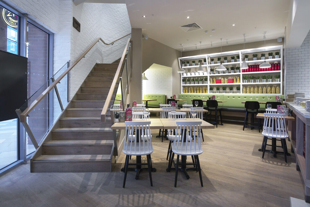 Zizzi Wembley London Designer Outlet restaurant fit-out — front-of-house and bar interior